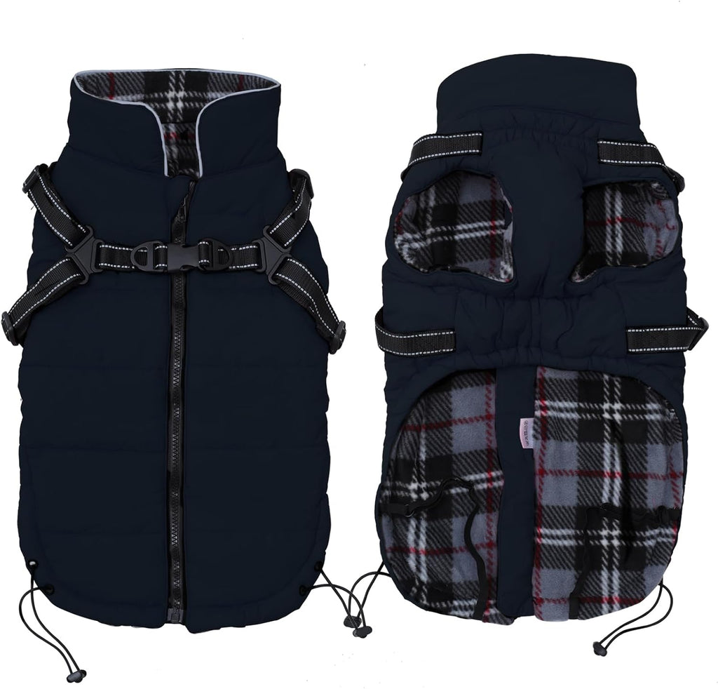 Waterproof Winter Coat for Dogs with Harness and Traction Belt - Outdoor Jacket for Medium and Small Breeds - Navy - Size S
