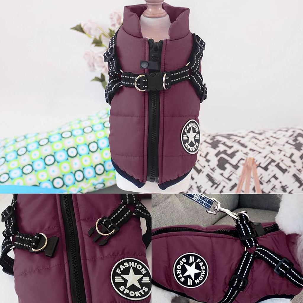 2-in-1 Windproof and Waterproof Dog Jacket for Winter - Cold Weather Coat with Harness, Purple, Size S