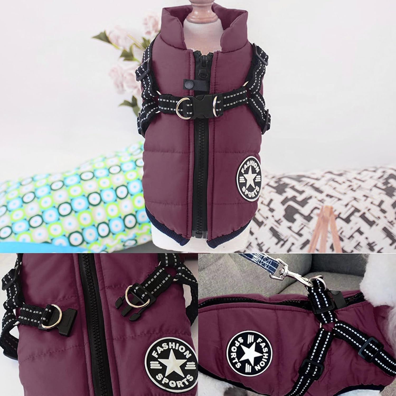 2-in-1 Windproof and Waterproof Dog Jacket for Winter - Cold Weather Coat with Harness, Purple, Size S