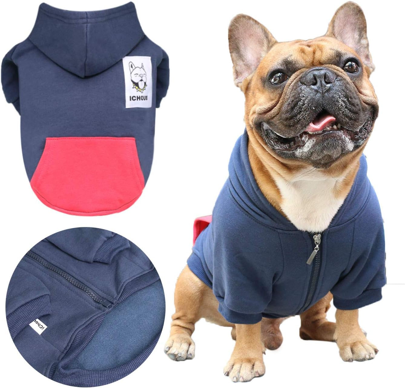 Navy Blue Zipper Pocket Hoodie for French Bulldogs and Pugs - Small Size