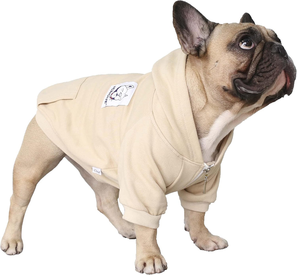 Khaki English Bulldog Zipper Pocket Hoodie - X-Large