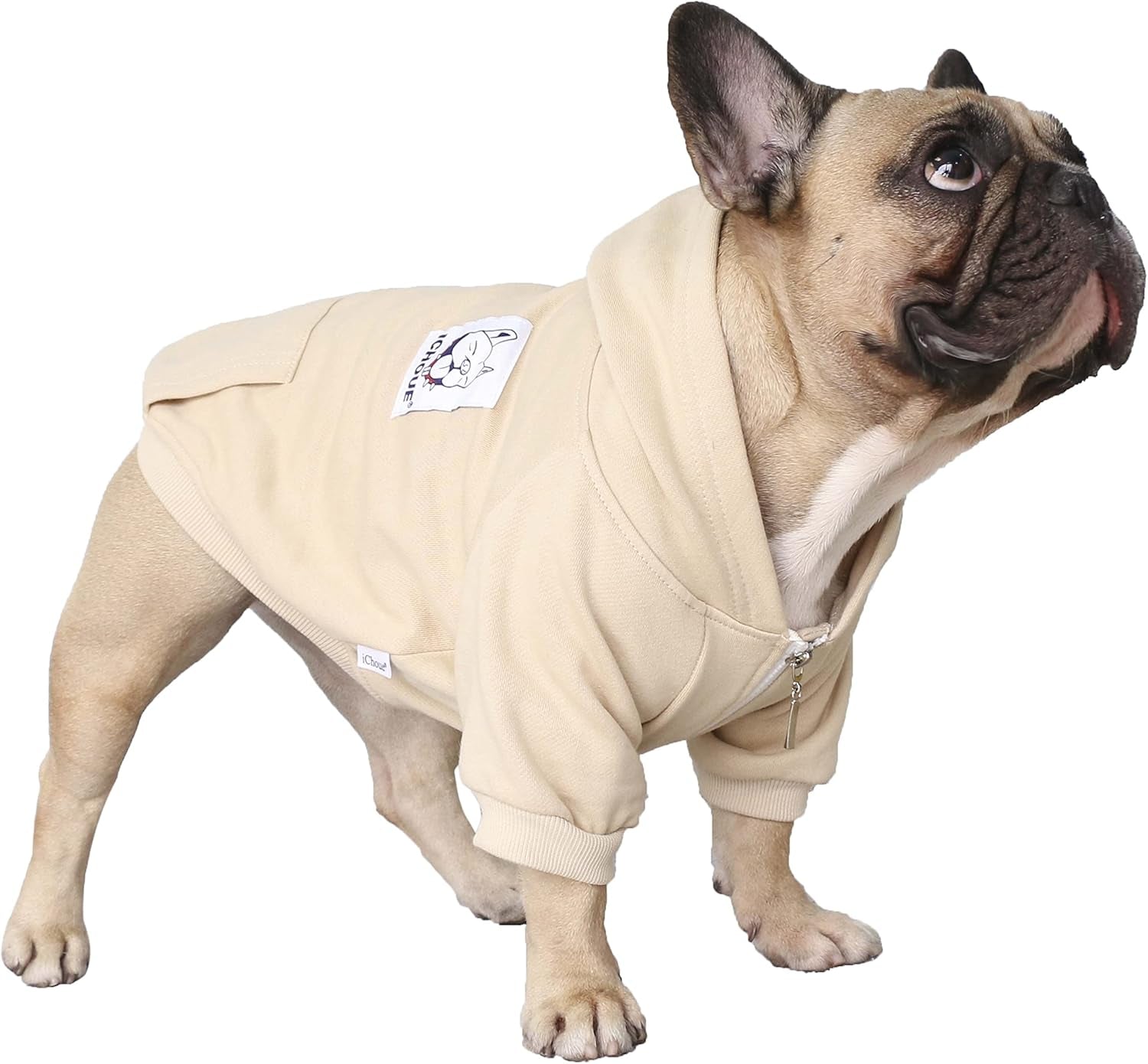 Khaki English Bulldog Zipper Pocket Hoodie - X-Large