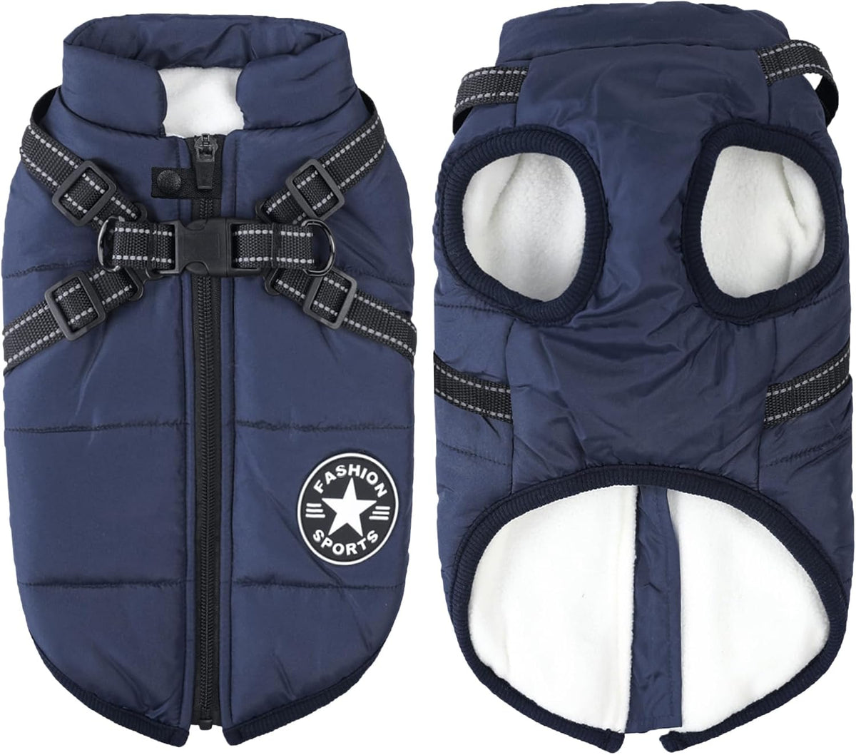 2-in-1 Windproof and Waterproof Dog Jacket for Winter - Cold Weather Coat with Harness, Small Blue L