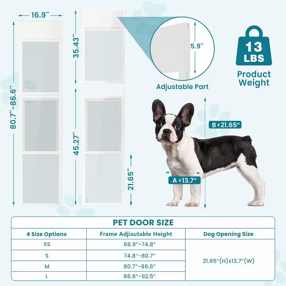 Dog Door for Sliding Glass Door Adjustable 80.5 In. 86.5 In. H Doggy Door for Sliding Door Pet Door W/ Lock, Large-Tall