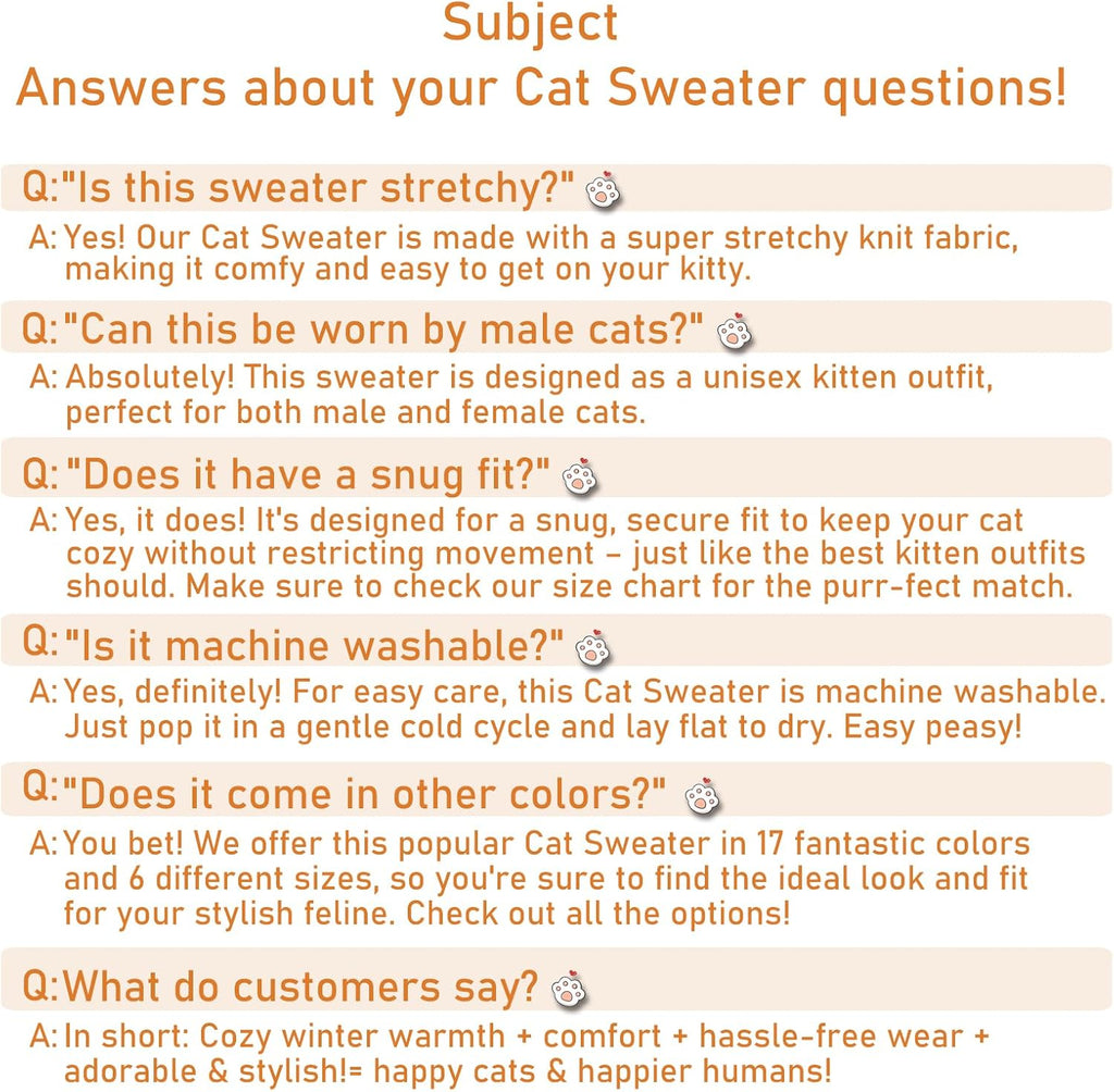 Stretchy Cat Sweater - Available in 19 Colors and 6 Sizes, Ideal Winter Outfit for Cats and Dogs