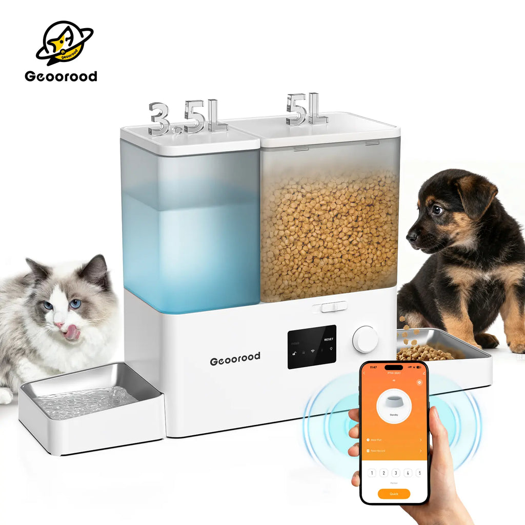 Geoorood Automatic Pet Feeder 36Cups/8.5L & Gravity Water Dispenser Stainless Steel Bowls 2-In-1 Set Large Capacity 5L Food Feeder 3.5L Water Fountain for Cats Pets Small Dogs Puppies Kittens Summervibes Petlovers