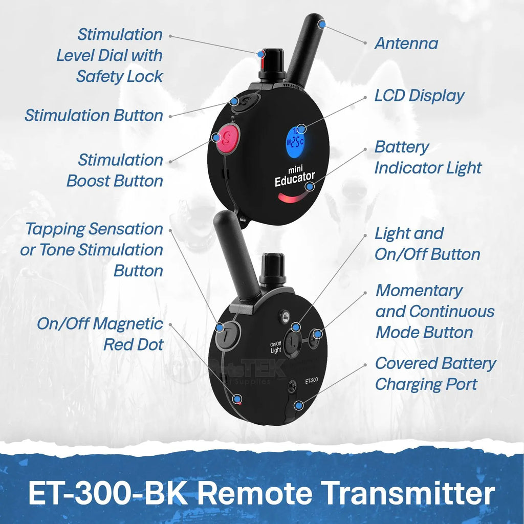 Mini Educator ET-300 Remote Dog Training Collar Black by E-Collar Technologies | 1/2 Mile Range Waterproof Biothane Collar with LED Light – 1–100 Wide Pulse Stimulation Levels – Behavior Control Tool for Dogs 8 Lbs+