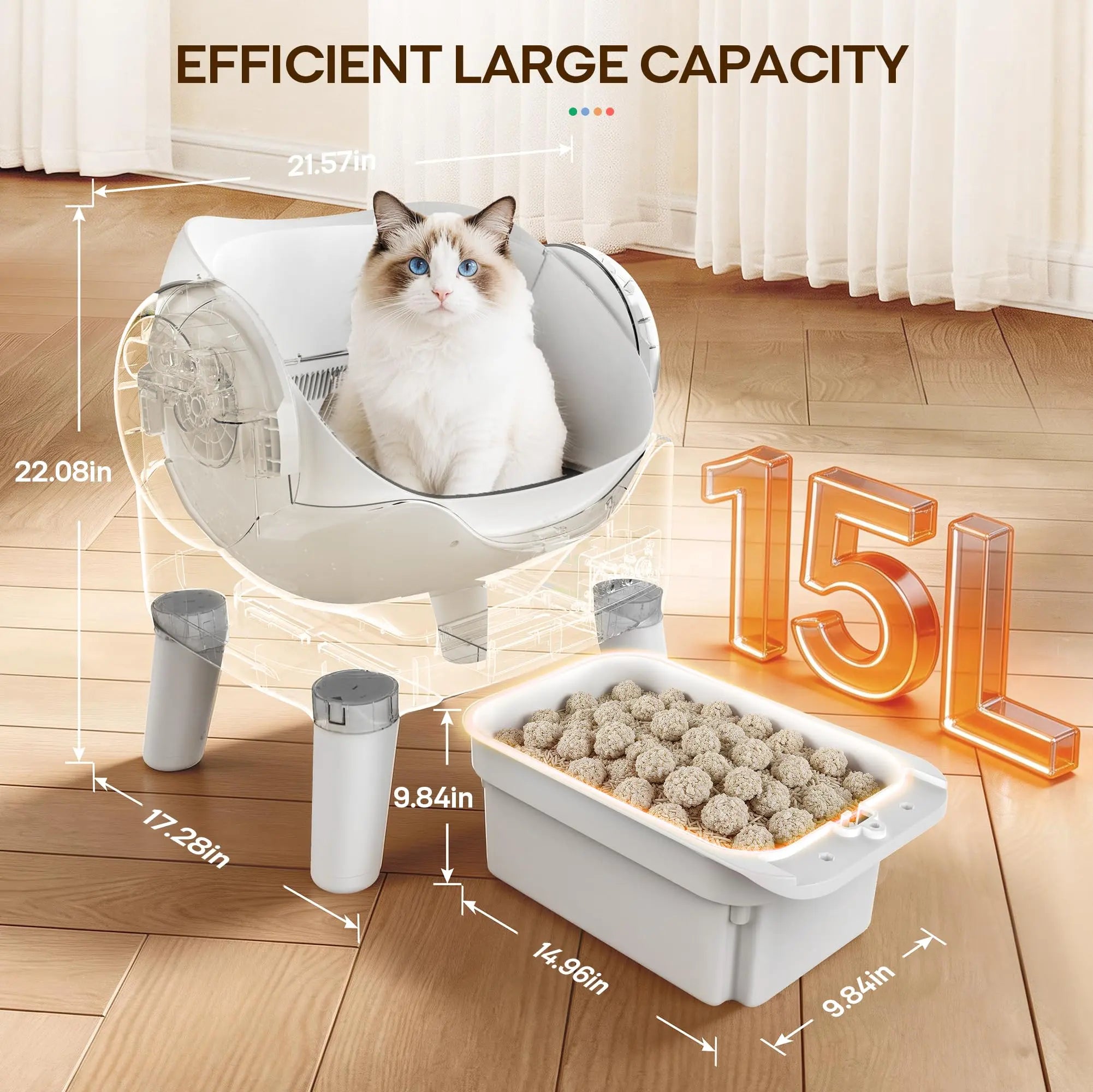 Automatic Self Cleaning Litter Box, Large Capacity Open Top Automated Robot with Safety Sensors for Multi-Cat Households, Anti-Pinch Protection, Easy Access Step for Senior Cats, No App Needed