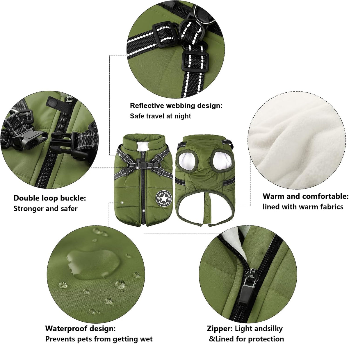 2-in-1 Winter Dog Jacket - Windproof and Waterproof Cold Weather Coat with Harness for Small Dogs - XL Green