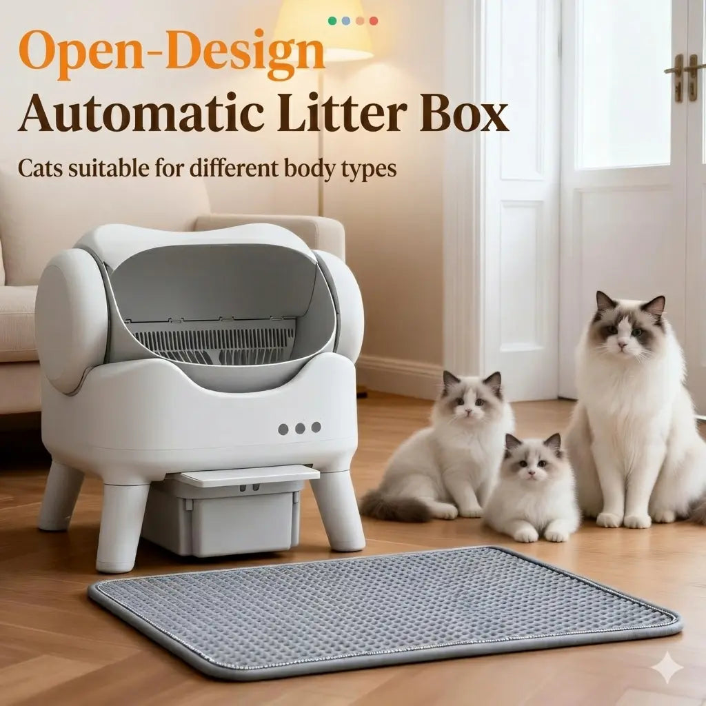 Automatic Self Cleaning Litter Box, Large Capacity Open Top Automated Robot with Safety Sensors for Multi-Cat Households, Anti-Pinch Protection, Easy Access Step for Senior Cats, No App Needed