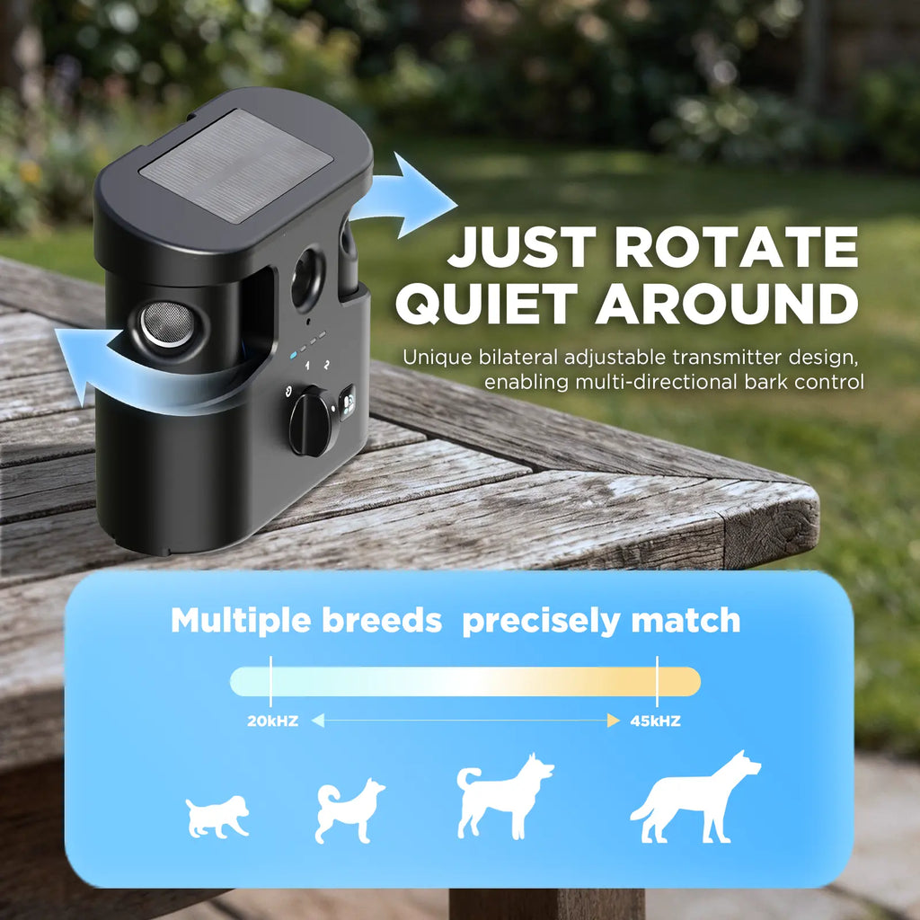 180° Solar Dog Barking Control Device-Outdoor anti Barking Device for All Dog Breeds, Humane No-Bark Trainer, IPX4 Waterproof, Ultrasonic Dog Barking Deterrent with APP Data Report, Dual Speakers & Adjustable Frequency, Dog Accessories Guard