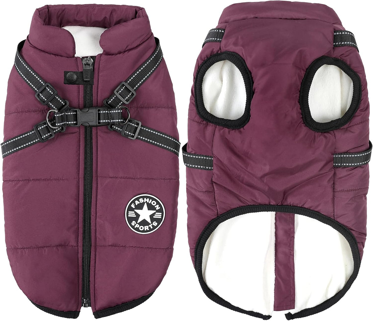 2-in-1 Windproof and Waterproof Dog Jacket for Winter - Cold Weather Coat with Harness, Purple, Size S