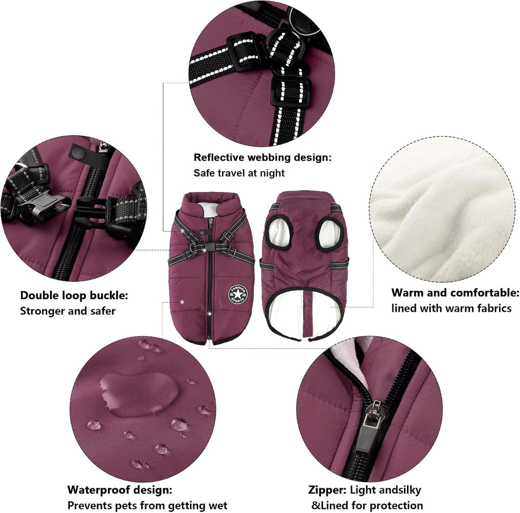 2-in-1 Windproof and Waterproof Dog Jacket for Winter - Cold Weather Coat with Harness, Purple, Size S
