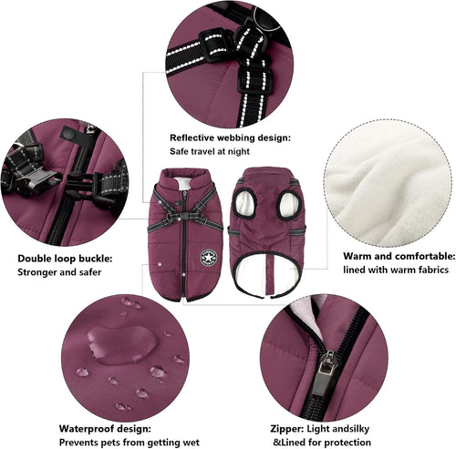2-in-1 Windproof and Waterproof Dog Jacket for Winter - Cold Weather Coat with Harness, Purple, Size S