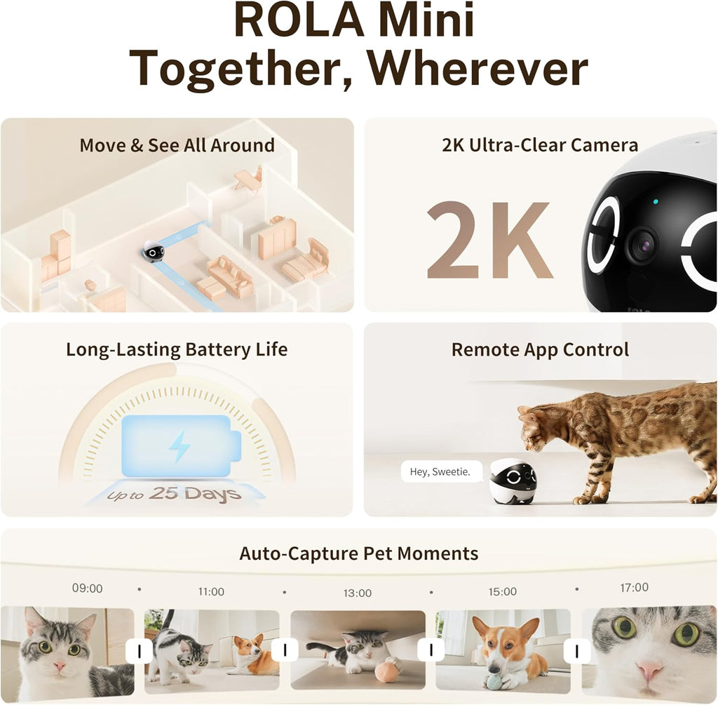 ROLA Mini Familybot 2K Pet Camera Robot: Movable Indoor Camera Battery-Powered with Phone App, One-Touch Call, 2-Way Talk, Night Vision, Motion Detection, Video Recording