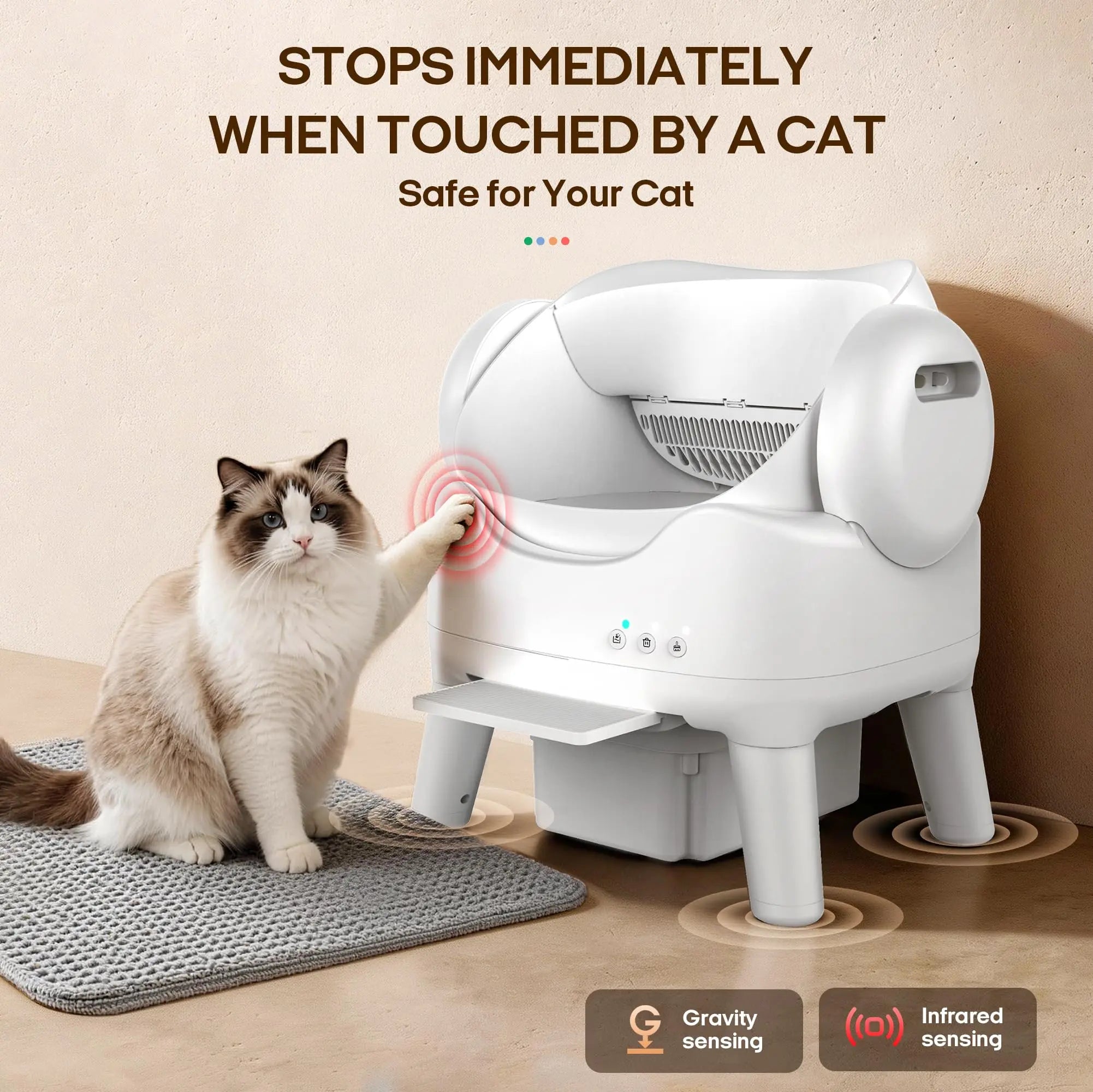 Automatic Self Cleaning Litter Box, Large Capacity Open Top Automated Robot with Safety Sensors for Multi-Cat Households, Anti-Pinch Protection, Easy Access Step for Senior Cats, No App Needed