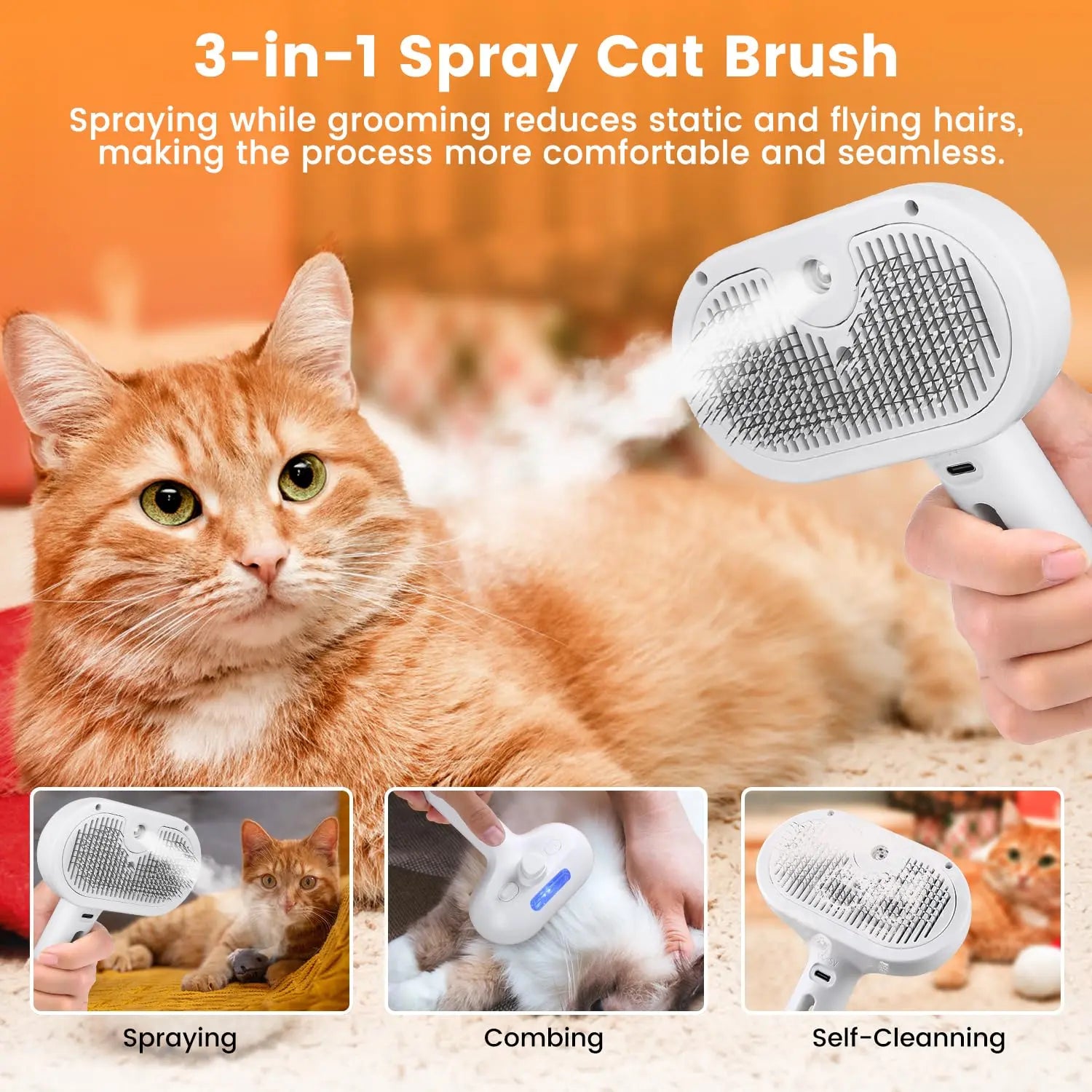 Pet Steam Brush for Dog & Cat – 3-In-1 Spray Hair Removal Comb – Steam for Shedding & Grooming – Water Brush for Long & Short Haired Pets