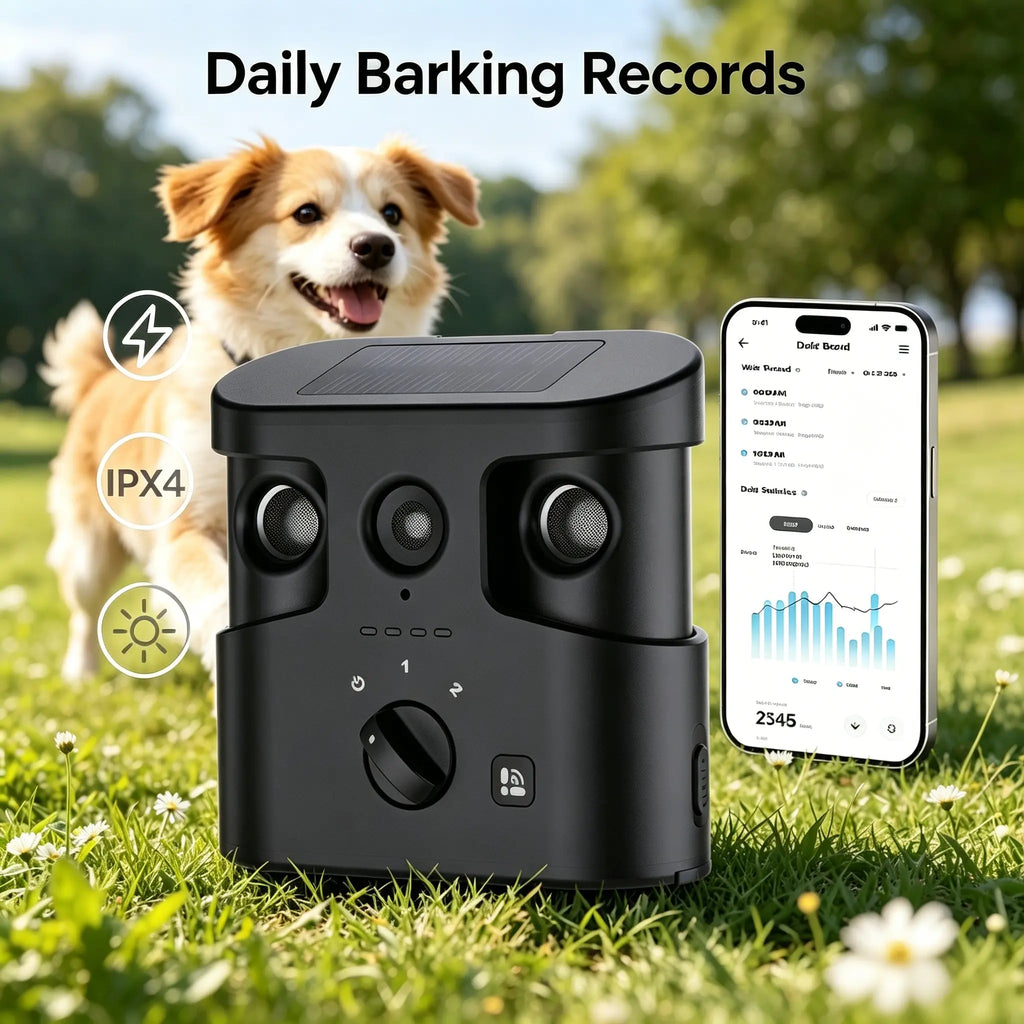 180° Solar Dog Barking Control Device-Outdoor anti Barking Device for All Dog Breeds, Humane No-Bark Trainer, IPX4 Waterproof, Ultrasonic Dog Barking Deterrent with APP Data Report, Dual Speakers & Adjustable Frequency, Dog Accessories Guard