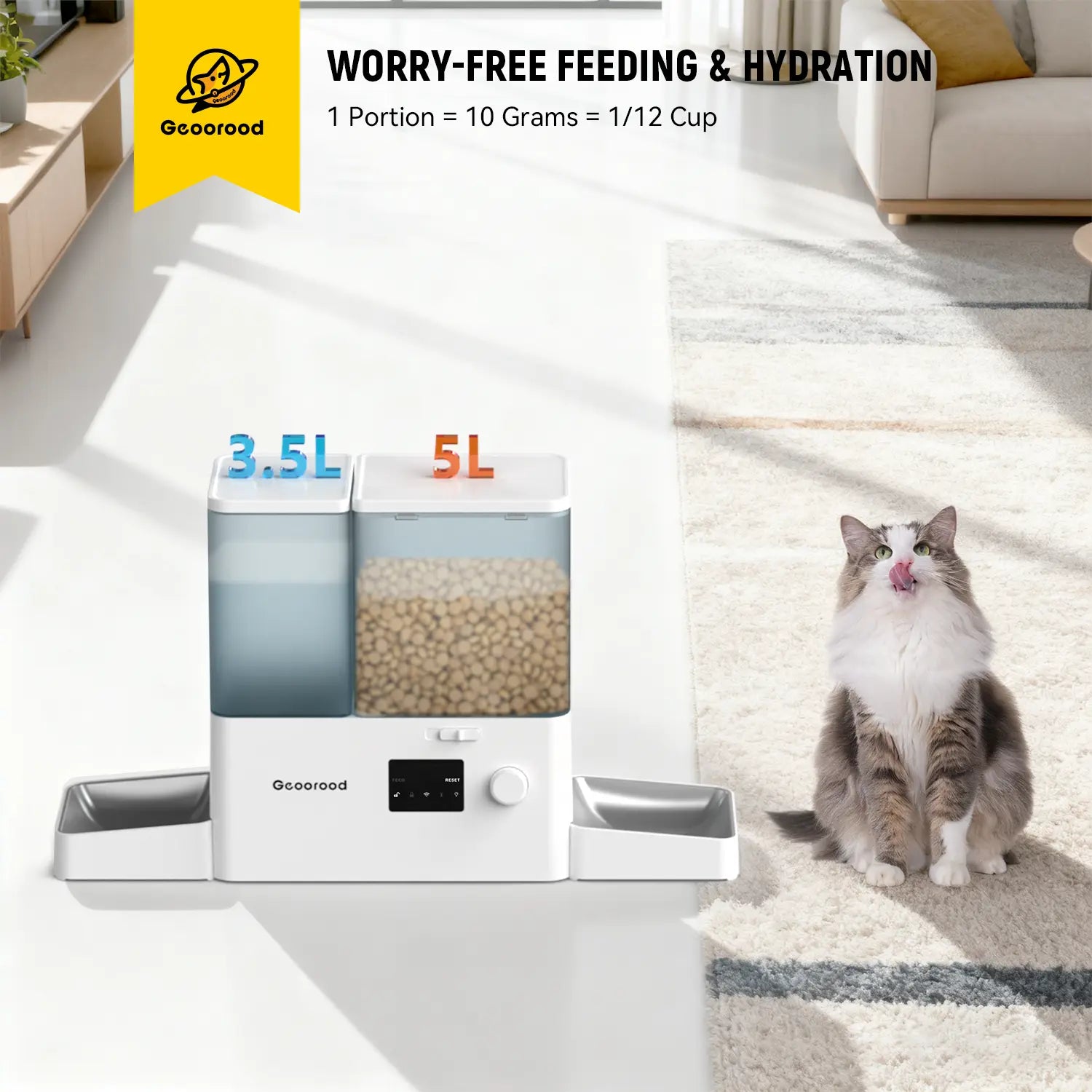 Geoorood Automatic Pet Feeder 36Cups/8.5L & Gravity Water Dispenser Stainless Steel Bowls 2-In-1 Set Large Capacity 5L Food Feeder 3.5L Water Fountain for Cats Pets Small Dogs Puppies Kittens Summervibes Petlovers