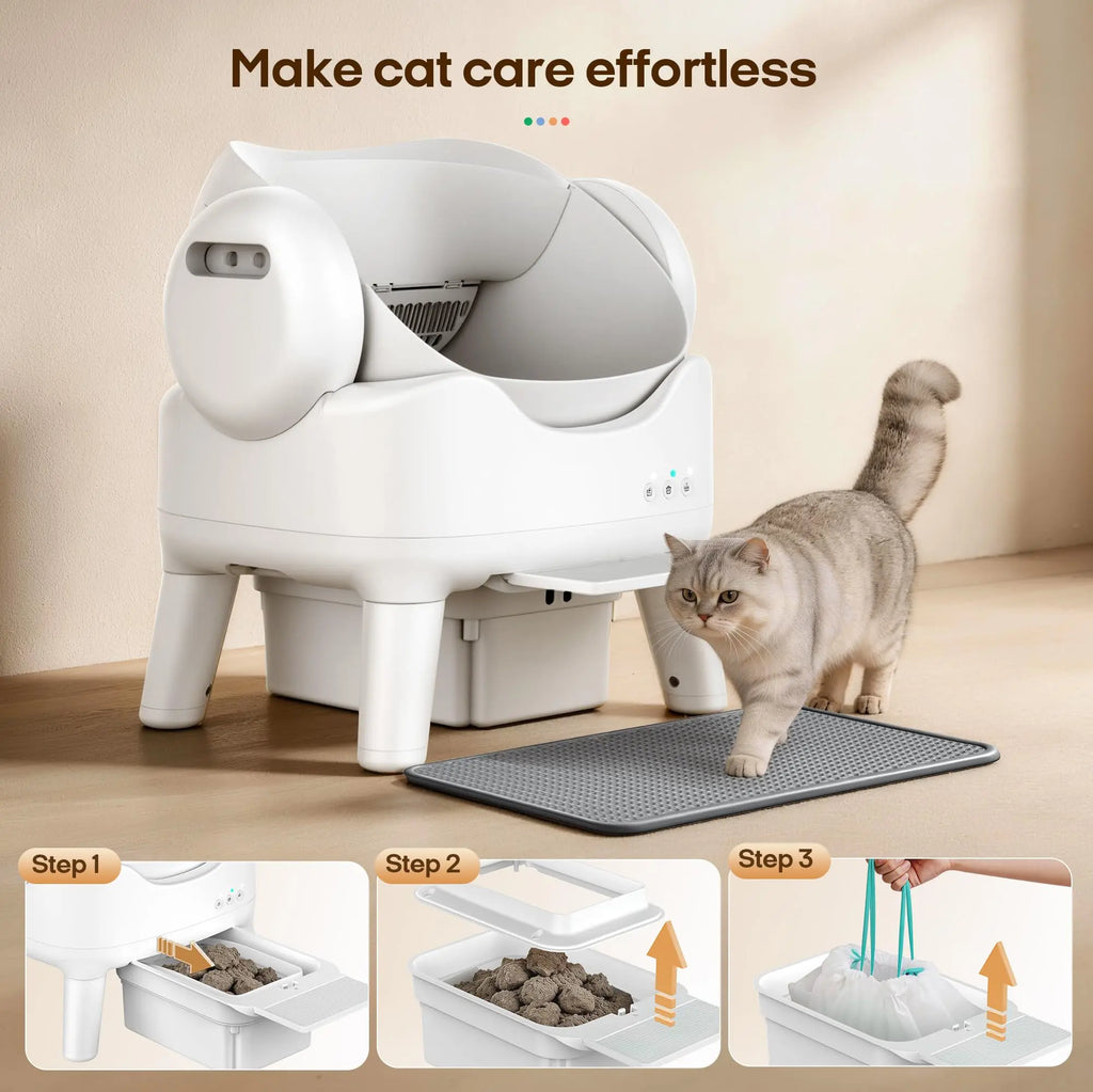 Automatic Self Cleaning Litter Box, Large Capacity Open Top Automated Robot with Safety Sensors for Multi-Cat Households, Anti-Pinch Protection, Easy Access Step for Senior Cats, No App Needed