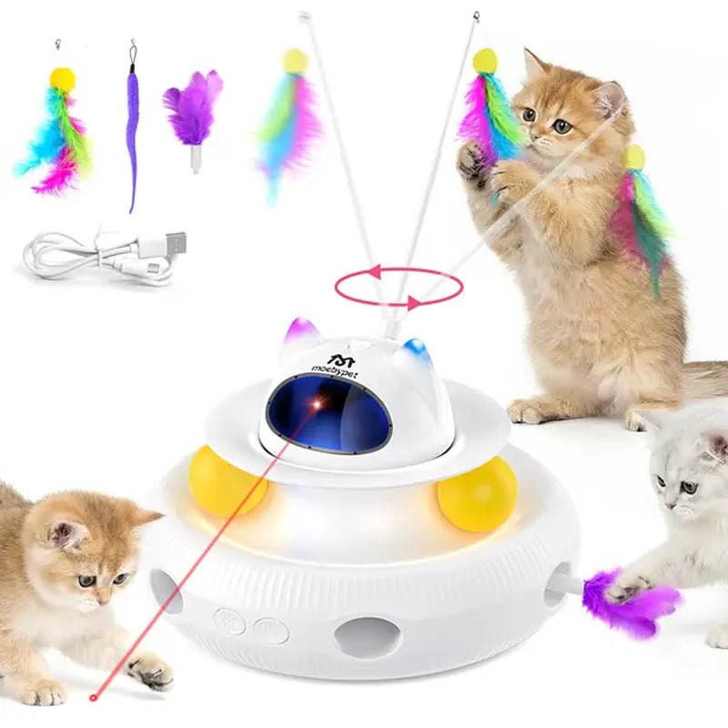 5-In-1 Interactive Cat Toy | Light Pointer & Rotating Feather Teaser | Automatic Kitten Toy for Bored Indoor Cats