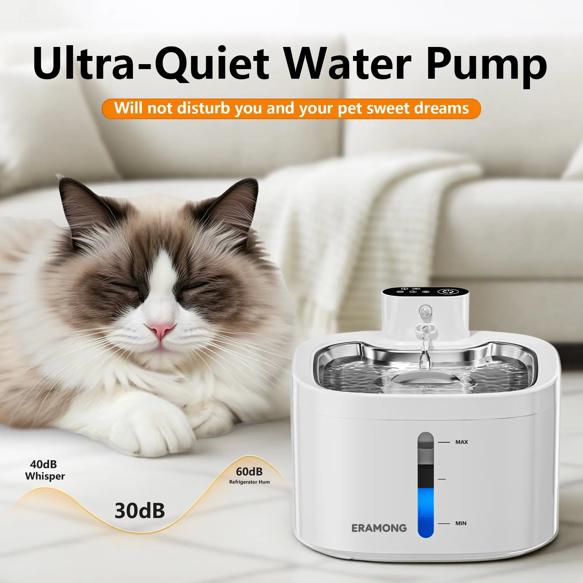 ERAMONG Smart Indoor Wireless Cat and Dog Water Fountain3.5L/118Ozbattery-Powered Fountain with Stainless Steel Tray and Motion Sensorequipped with a 4-Layer Filter Systemdesigned for Cats and Dogs