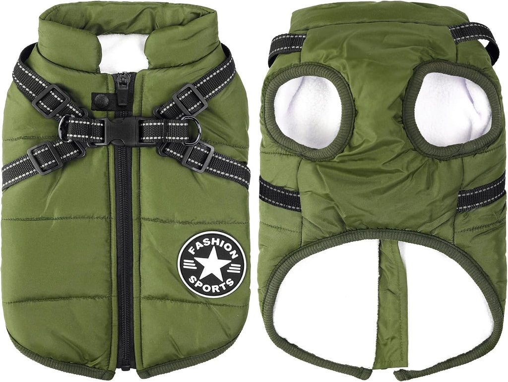 2-in-1 Winter Dog Jacket - Windproof and Waterproof Cold Weather Coat with Harness for Small Dogs - XL Green
