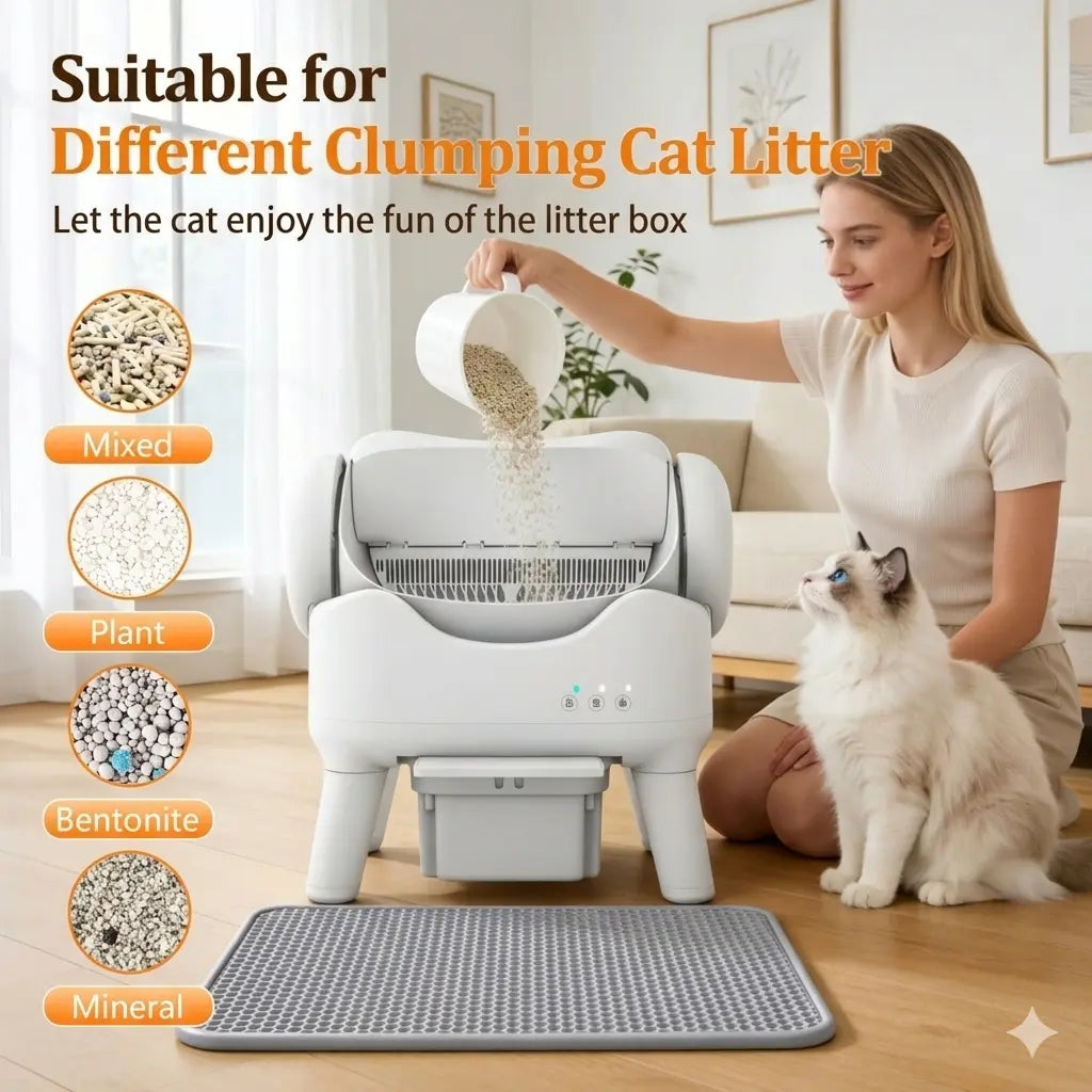 Automatic Self Cleaning Litter Box, Large Capacity Open Top Automated Robot with Safety Sensors for Multi-Cat Households, Anti-Pinch Protection, Easy Access Step for Senior Cats, No App Needed