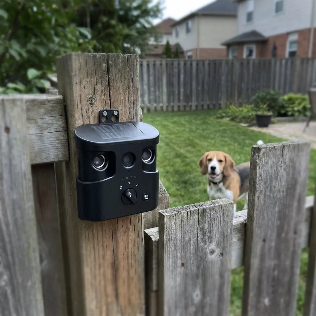 180° Solar Dog Barking Control Device-Outdoor anti Barking Device for All Dog Breeds, Humane No-Bark Trainer, IPX4 Waterproof, Ultrasonic Dog Barking Deterrent with APP Data Report, Dual Speakers & Adjustable Frequency, Dog Accessories Guard