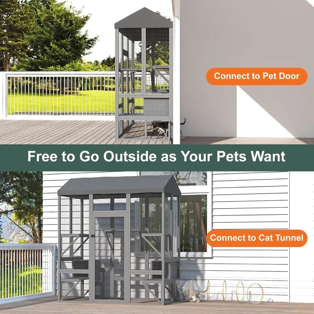 Large Outdoor Catio Cat Enclosure — 72" Tall, 7 Platforms, Waterproof Roof, 3 Lockable Doors, Multi-Cat