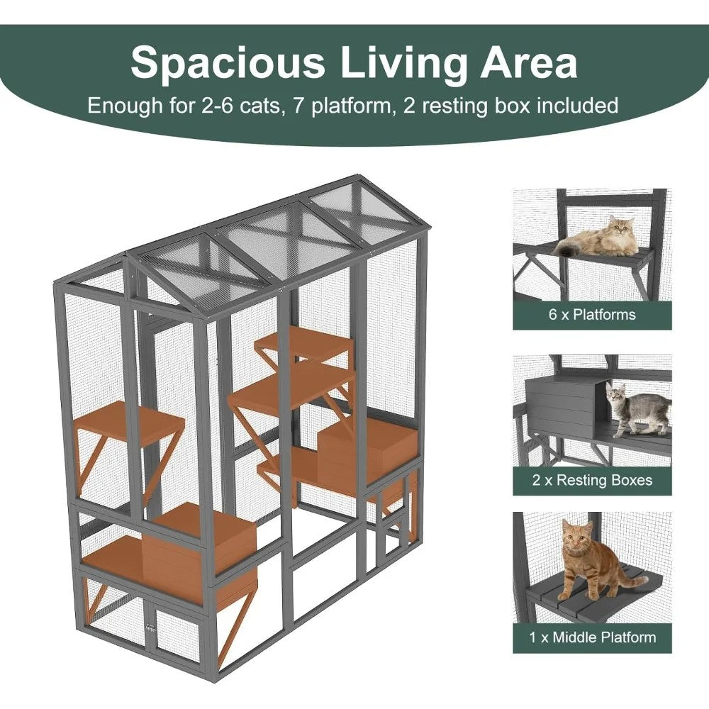 Large Outdoor Catio Cat Enclosure — 72" Tall, 7 Platforms, Waterproof Roof, 3 Lockable Doors, Multi-Cat