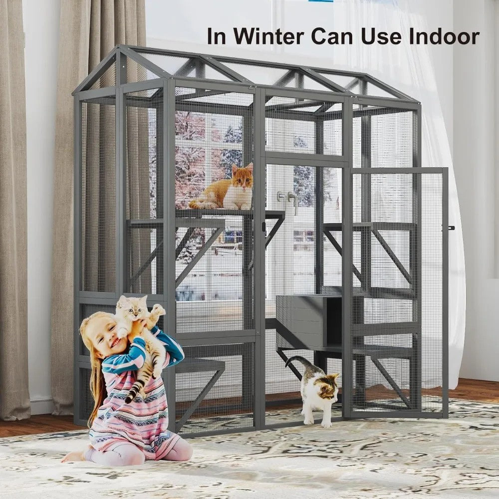 Large Outdoor Catio Cat Enclosure — 72" Tall, 7 Platforms, Waterproof Roof, 3 Lockable Doors, Multi-Cat