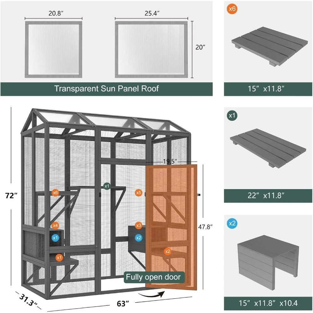 Large Outdoor Catio Cat Enclosure — 72" Tall, 7 Platforms, Waterproof Roof, 3 Lockable Doors, Multi-Cat