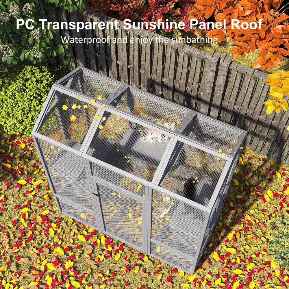 Large Outdoor Catio Cat Enclosure — 72" Tall, 7 Platforms, Waterproof Roof, 3 Lockable Doors, Multi-Cat