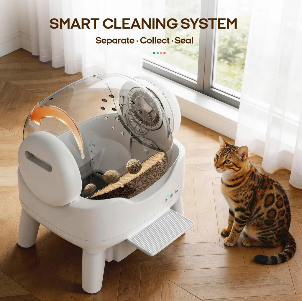 Automatic Self Cleaning Litter Box, Large Capacity Open Top Automated Robot with Safety Sensors for Multi-Cat Households, Anti-Pinch Protection, Easy Access Step for Senior Cats, No App Needed