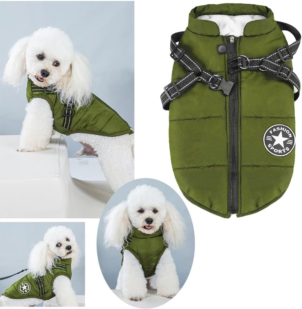 2-in-1 Winter Dog Jacket - Windproof and Waterproof Cold Weather Coat with Harness for Small Dogs - XL Green