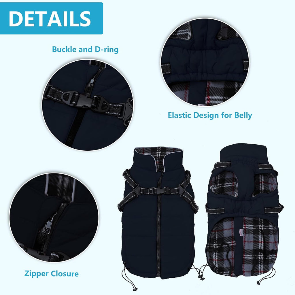 Waterproof Winter Coat for Dogs with Harness and Traction Belt - Outdoor Jacket for Medium and Small Breeds - Navy - Size S
