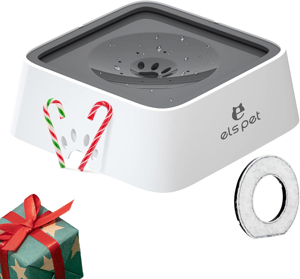 No Spill Slow Water Feeder - Large Capacity 70Oz/2L Travel Bowl for Dogs & Cats Anti-Gulping, Keeps Floor & Beard Dry, Dishwasher Safe, Activated Carbon Filter Included (Grey)