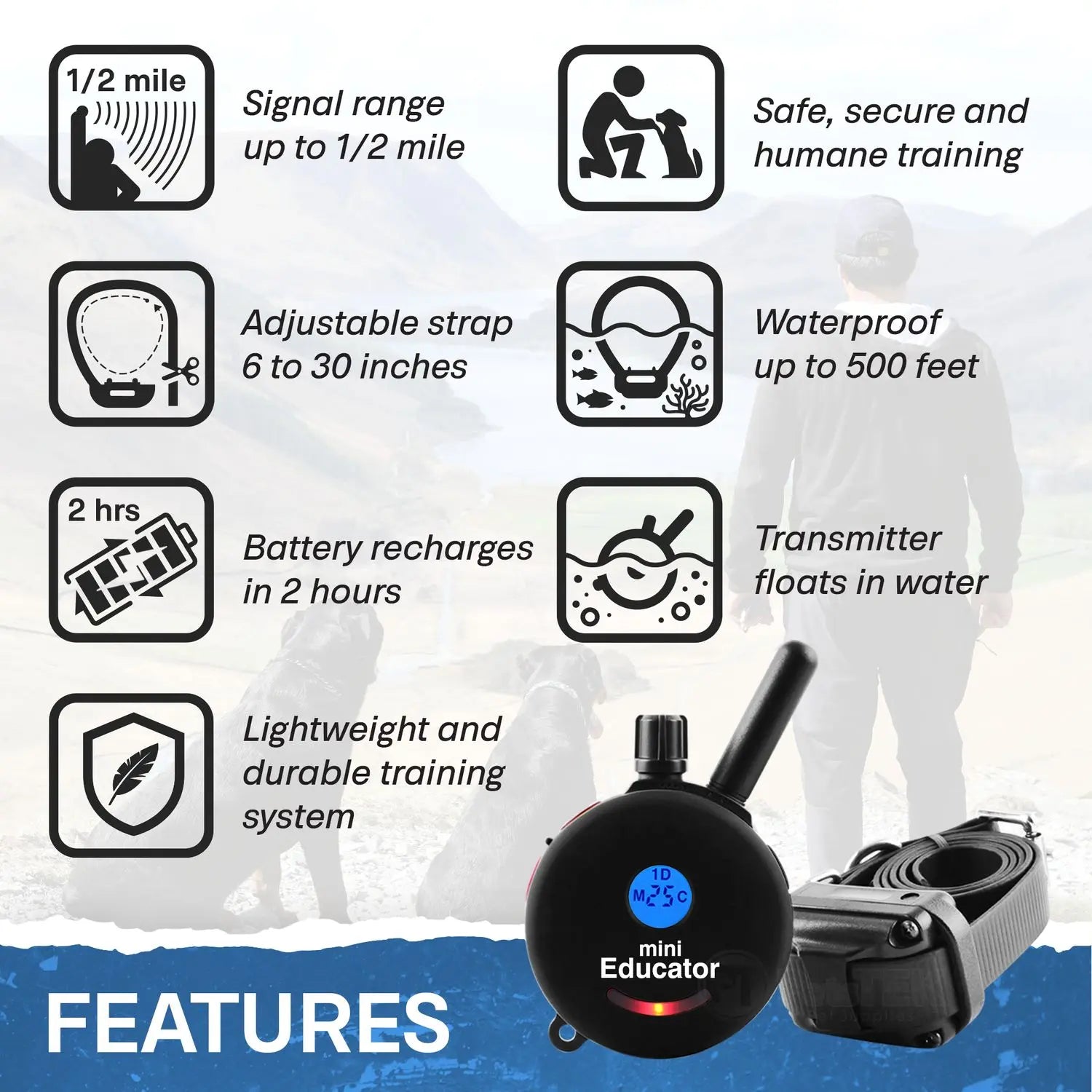 Mini Educator ET-300 Remote Dog Training Collar Black by E-Collar Technologies | 1/2 Mile Range Waterproof Biothane Collar with LED Light – 1–100 Wide Pulse Stimulation Levels – Behavior Control Tool for Dogs 8 Lbs+