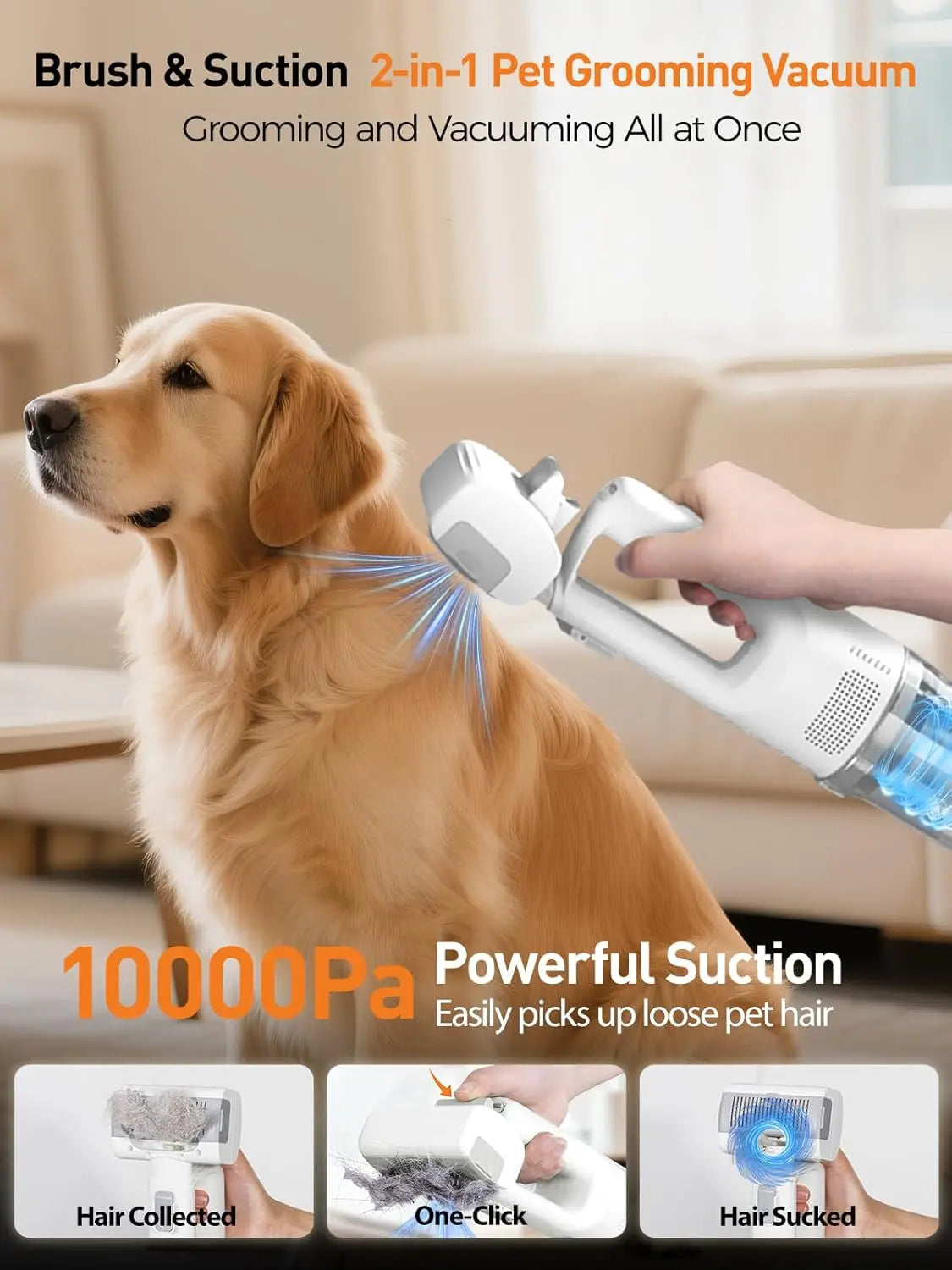 Cordless Pet Grooming Vacuum Set, 60Db Quiet Hair Removal,With 5 Pet Grooming and Cleaning Tools One-Touch Pet Hairremoval Vacuum Brush, Zero Airborne Hair Technology, Verysuitable for Anxious and Sensitive Pets.